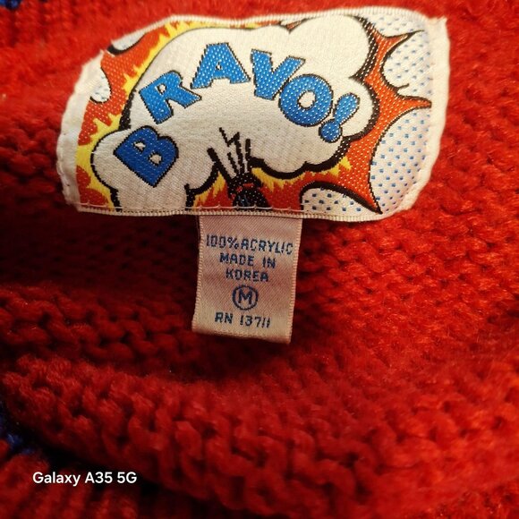 Vintage Bravo Red Christmas Sweater Medium Snowmen & Trees Graphic Knit 100% Acr - Picture 6 of 7